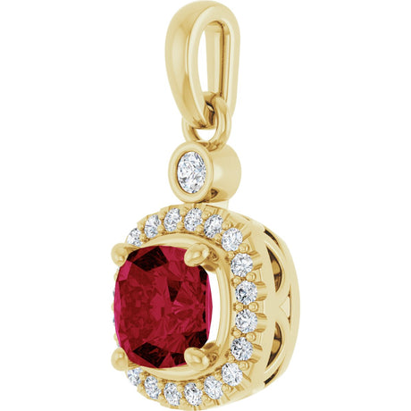 14K Gold Cushion Lab-Grown Ruby & Natural Diamond Halo-Style Pendant - view 2