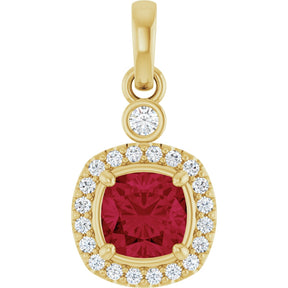 14K Gold Cushion Lab-Grown Ruby & Natural Diamond Halo-Style Pendant