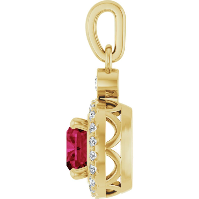 14K Gold Cushion Lab-Grown Ruby & Natural Diamond Halo-Style Pendant - view 3