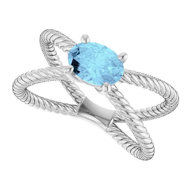 Platinum Oval Natural Aquamarine Solitaire Criss-Cross Rope Ring - view 5