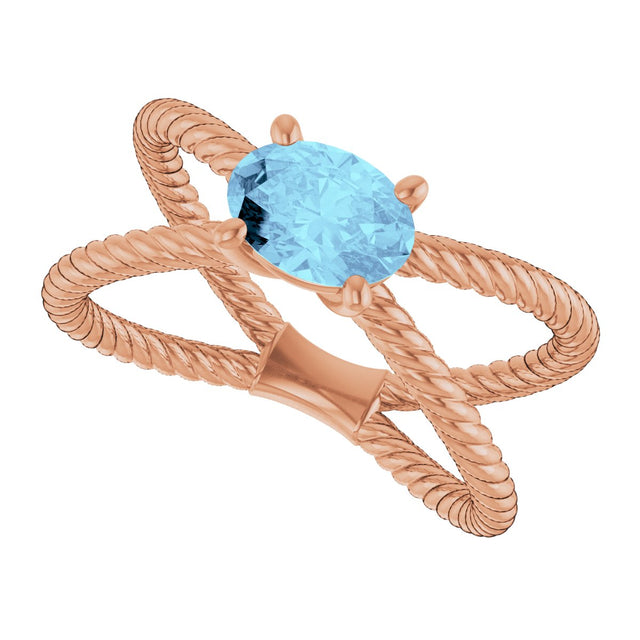 14K Gold Oval Natural Aquamarine Solitaire Criss-Cross Rope Ring - Rose Gold - view 5