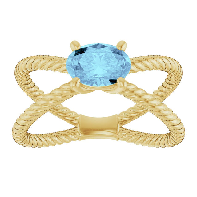 14K Gold Oval Natural Aquamarine Solitaire Criss-Cross Rope Ring - Yellow Gold - view 3