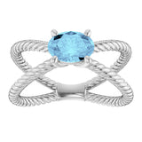 14K Gold Oval Natural Aquamarine Solitaire Criss-Cross Rope Ring - White Gold - view 3