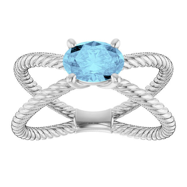 14K Gold Oval Natural Aquamarine Solitaire Criss-Cross Rope Ring - White Gold - view 3