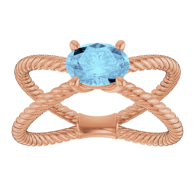 14K Gold Oval Natural Aquamarine Solitaire Criss-Cross Rope Ring - Rose Gold - view 3