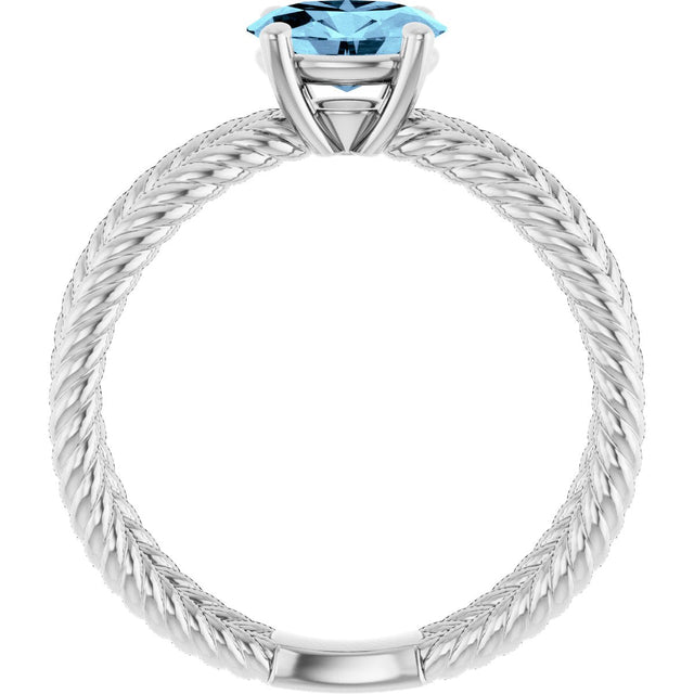14K Gold Oval Natural Aquamarine Solitaire Criss-Cross Rope Ring - White Gold - view 2