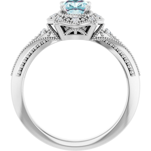 14K Gold Cushion Natural Sky Blue Topaz & Natural Diamond Vintage-Inspired Accented Ring - view 2