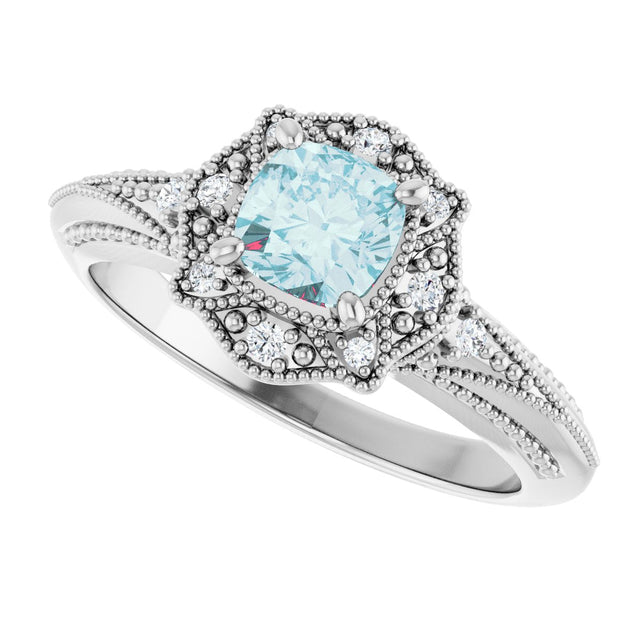 14K Gold Cushion Natural Sky Blue Topaz & Natural Diamond Vintage-Inspired Accented Ring - view 5