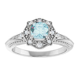 14K Gold Cushion Natural Sky Blue Topaz & Natural Diamond Vintage-Inspired Accented Ring - view 3