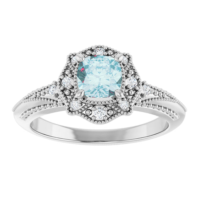 14K Gold Cushion Natural Sky Blue Topaz & Natural Diamond Vintage-Inspired Accented Ring - view 3