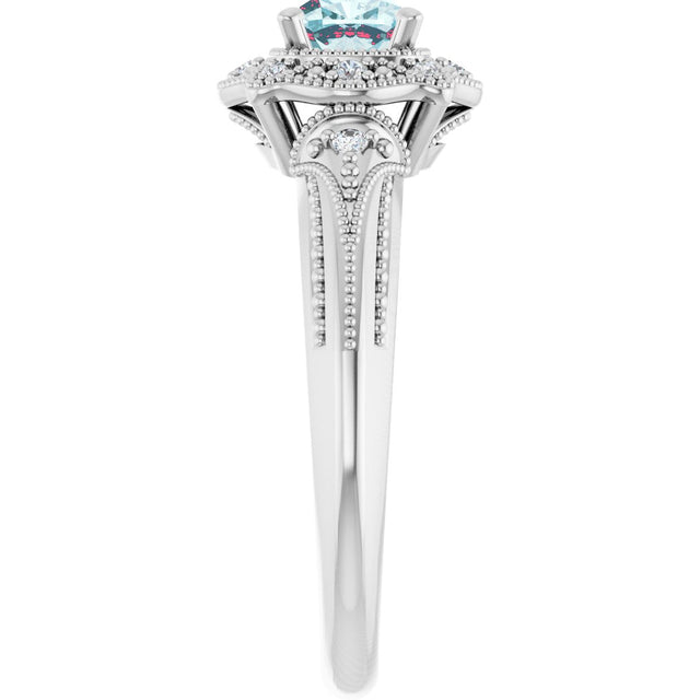 14K Gold Cushion Natural Sky Blue Topaz & Natural Diamond Vintage-Inspired Accented Ring - view 4