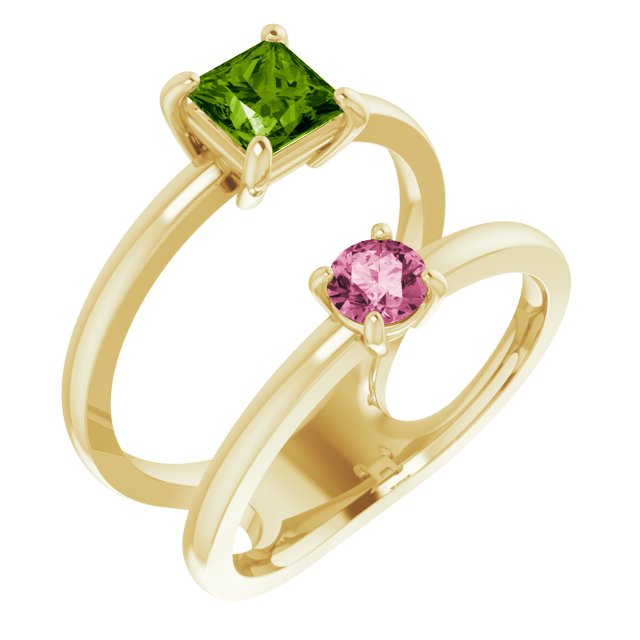 14K Gold Square Natural Peridot & Natural Pink Tourmaline Accented Negative Space Ring - Yellow Gold