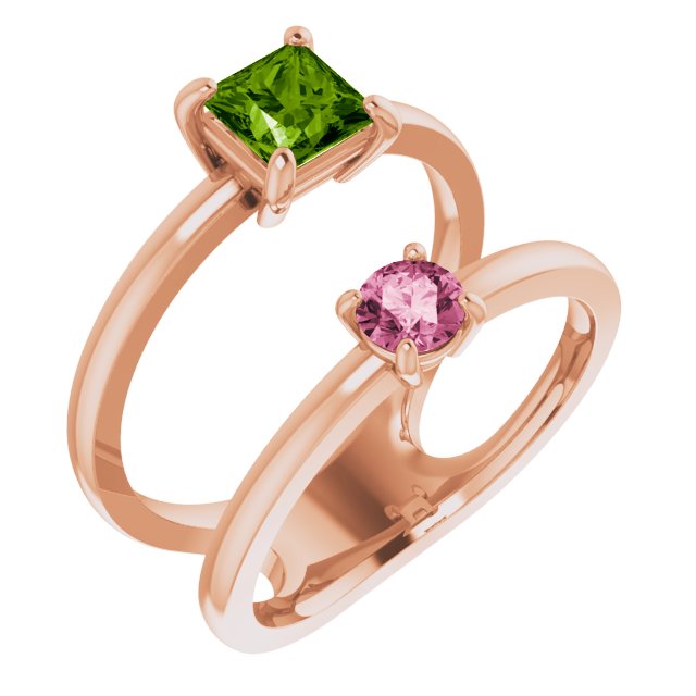 14K Gold Square Natural Peridot & Natural Pink Tourmaline Accented Negative Space Ring - Rose Gold