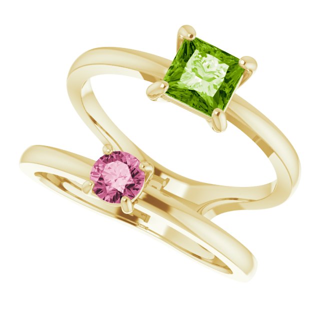14K Gold Square Natural Peridot & Natural Pink Tourmaline Accented Negative Space Ring - Yellow Gold - view 5