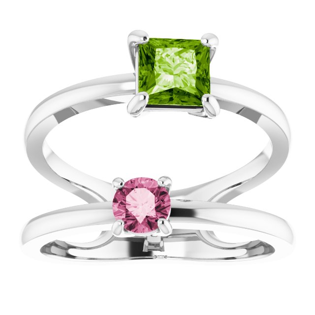 14K Gold Square Natural Peridot & Natural Pink Tourmaline Accented Negative Space Ring - White Gold - view 3