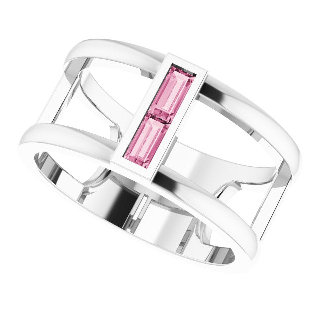 Platinum Straight Baguette Natural Pink Tourmaline Baguette Negative Space Ring - view 10