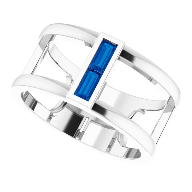 Platinum Straight Baguette Natural Blue Sapphire Baguette Negative Space Ring - view 10