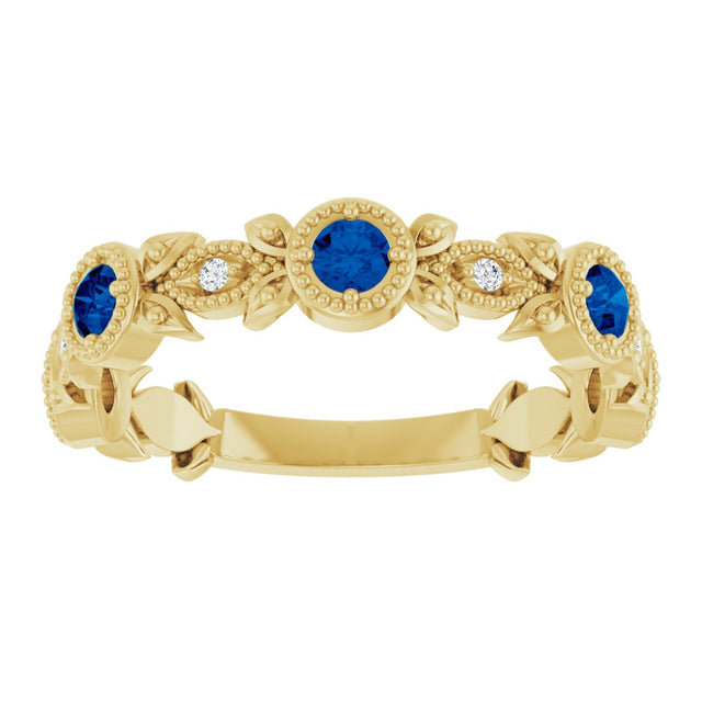 14K Gold Round Natural Lab-Grown Blue Sapphire Leaf Ring - Yellow Gold - view 8