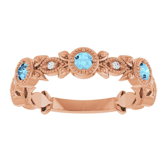 14K Gold Round Natural Aquamarine Leaf Ring - Rose Gold - view 8