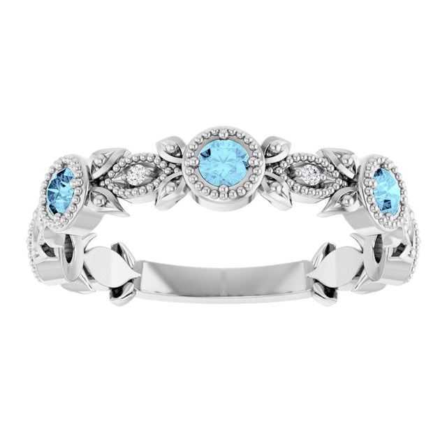 Platinum Round Natural Aquamarine Leaf Ring - view 8