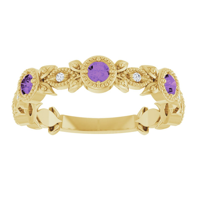 14K Gold Round Natural Amethyst Leaf Ring - Yellow Gold - view 8