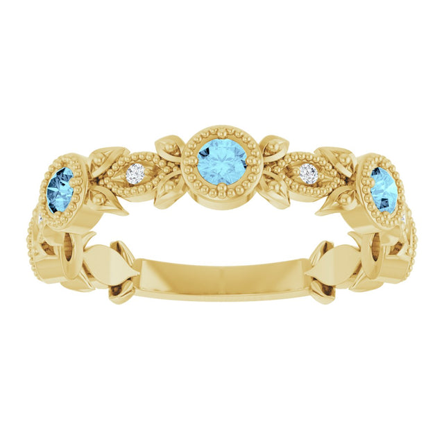 14K Gold Round Natural Aquamarine Leaf Ring - Yellow Gold - view 8