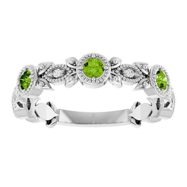 Platinum Round Natural Peridot Leaf Ring - view 8