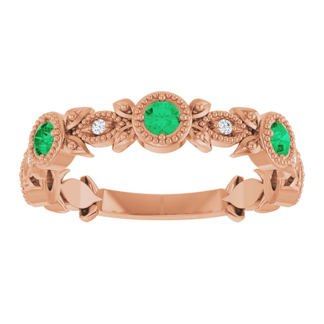 14K Gold Round Natural Lab-Grown Emerald Leaf Ring - Rose Gold - view 8