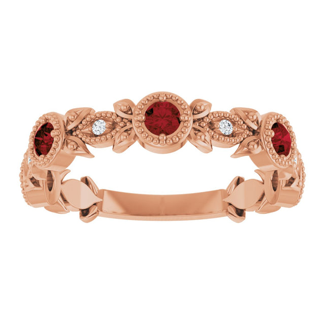 14K Gold Round Natural Mozambique Garnet Leaf Ring - Rose Gold - view 8