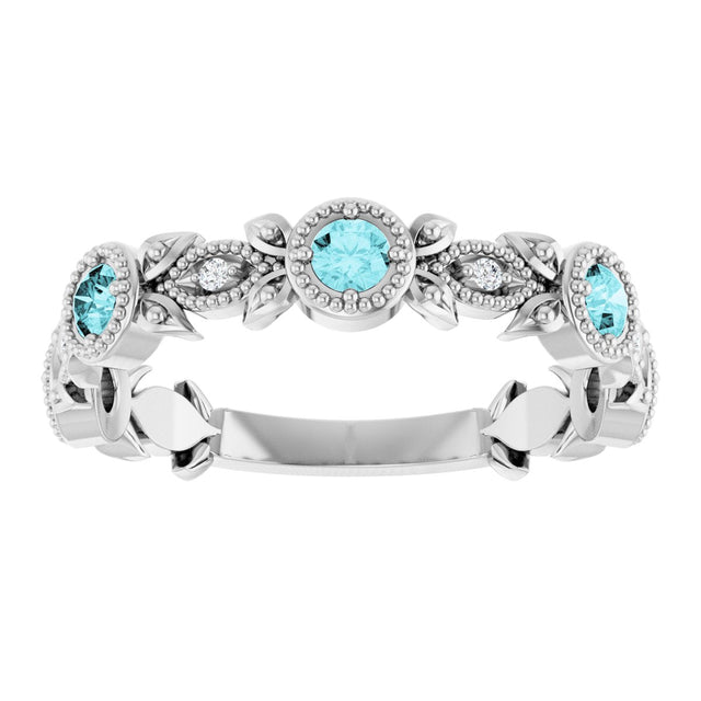 14K Gold Round Natural Blue Zircon Leaf Ring - White Gold - view 8