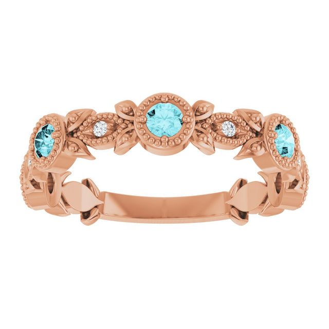 14K Gold Round Natural Blue Zircon Leaf Ring - Rose Gold - view 8