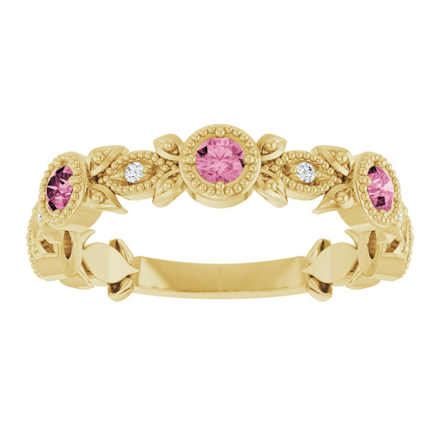 14K Gold Round Natural Pink Tourmaline Leaf Ring - Yellow Gold - view 8