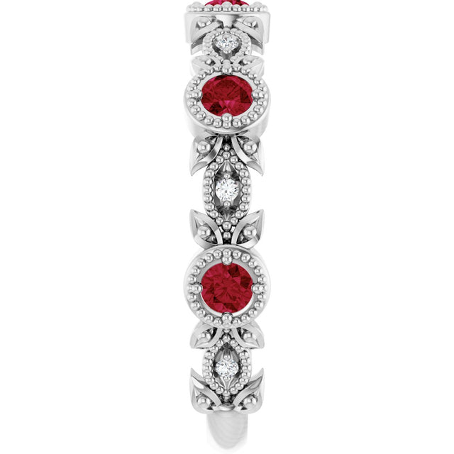 14K Gold Round Natural Ruby Leaf Ring - White Gold - view 9