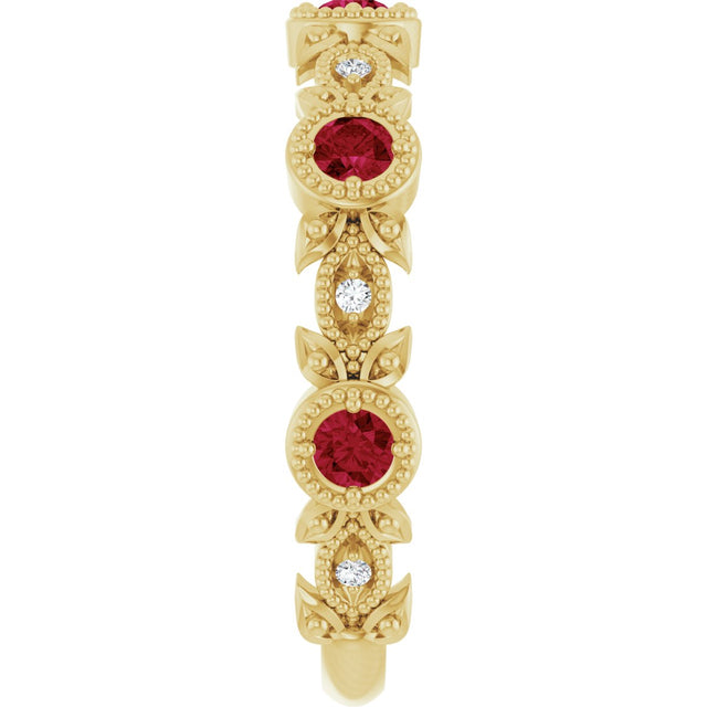 14K Gold Round Natural Ruby Leaf Ring - Yellow Gold - view 9