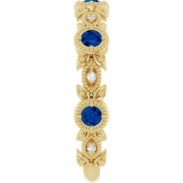14K Gold Round Natural Lab-Grown Blue Sapphire Leaf Ring - Yellow Gold - view 9