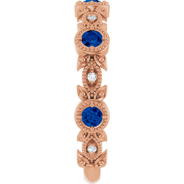 14K Gold Round Natural Lab-Grown Blue Sapphire Leaf Ring - Rose Gold - view 9