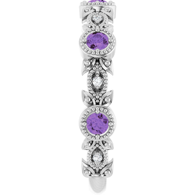 Platinum Round Natural Amethyst Leaf Ring - view 9