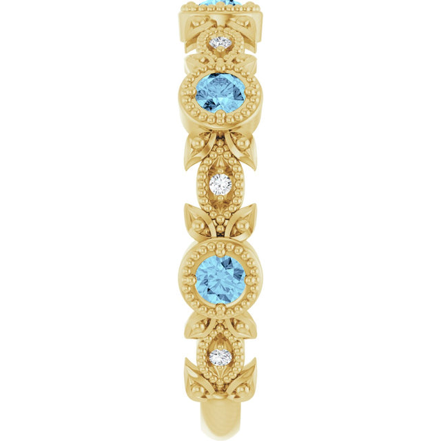 14K Gold Round Natural Aquamarine Leaf Ring - Yellow Gold - view 9