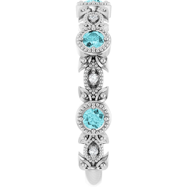 Platinum Round Natural Blue Zircon Leaf Ring - view 9