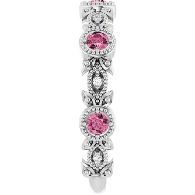 Platinum Round Natural Pink Tourmaline Leaf Ring - view 9