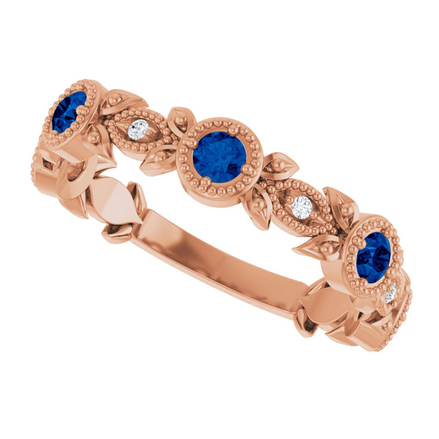 14K Gold Round Natural Lab-Grown Blue Sapphire Leaf Ring - Rose Gold - view 10