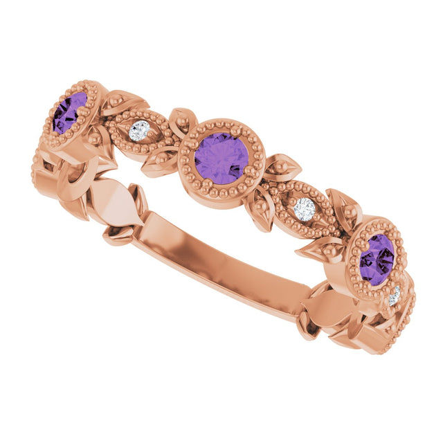 14K Gold Round Natural Amethyst Leaf Ring - Rose Gold - view 10