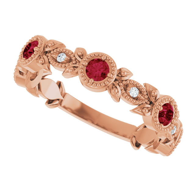 14K Gold Round Natural Ruby Leaf Ring - Rose Gold - view 10