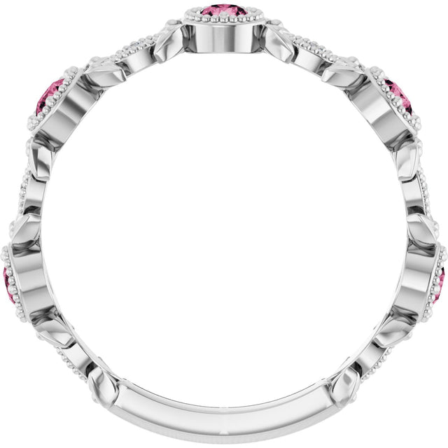 Platinum Round Natural Pink Tourmaline Leaf Ring - view 7