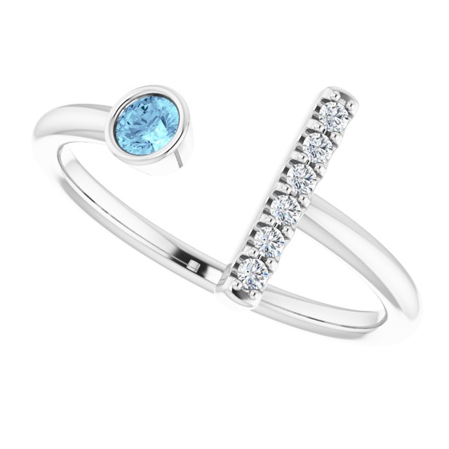 14K Gold Round Natural Aquamarine Bar Ring - White Gold - view 10