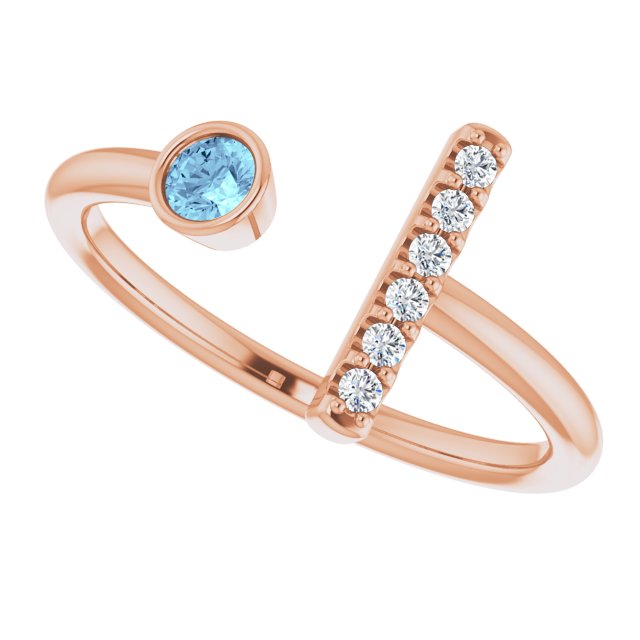 14K Gold Round Natural Aquamarine Bar Ring - Rose Gold - view 10