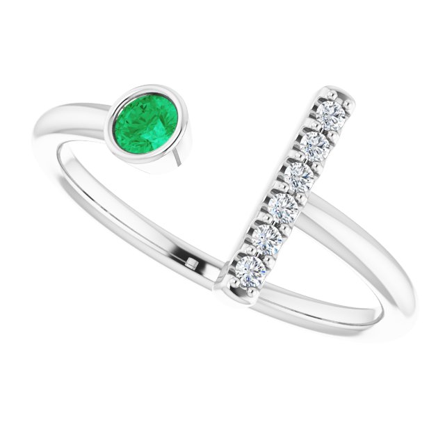 Platinum Round Lab-Grown Emerald Bar Ring - view 10
