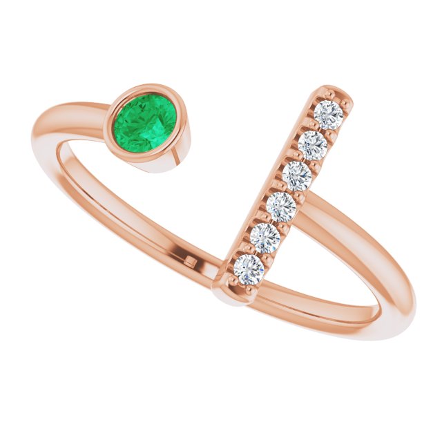 14K Gold Round Lab-Grown Emerald Bar Ring - Rose Gold - view 10