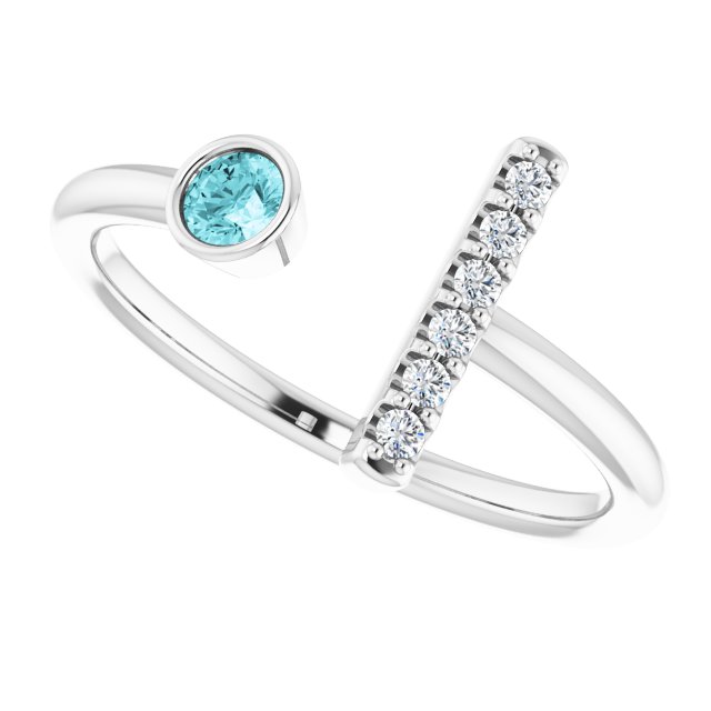 Platinum Round Natural Blue Zircon Bar Ring - view 10