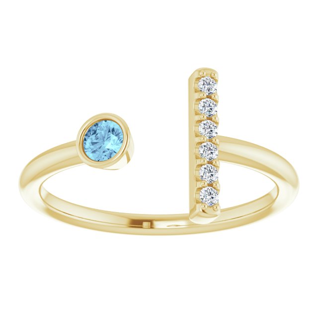 14K Gold Round Natural Aquamarine Bar Ring - Yellow Gold - view 8